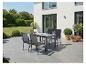 Gartenset mit Tisch und vier Stühlen auf einer Terrasse.
