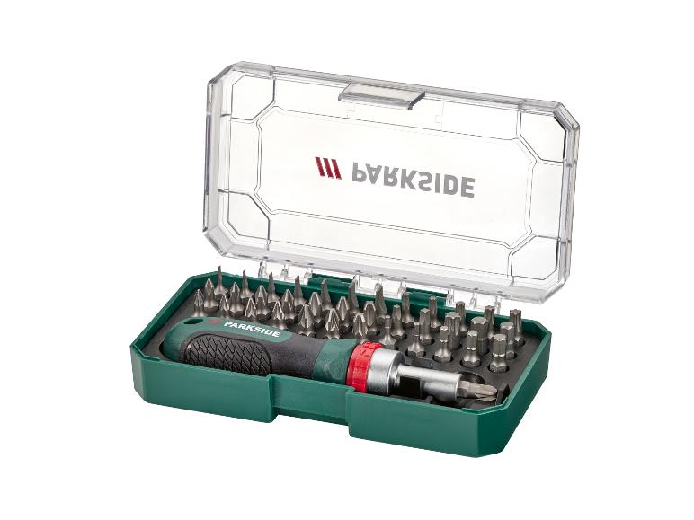 PARKSIDE Ratschenschraubendreher-Set mit Bits in einer grünen und transparenten Box.