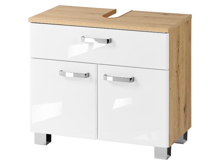 Weißer Badezimmerschrank mit Holzoptik-Platte und verchromten Griffen