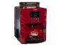 Rote Kaffeemaschine mit Kaffeebohnen, einem Display mit „50 ml“ und einer Tasse Kaffee.