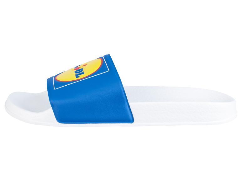 Lidl-Badeschuhe, blau und weiß.