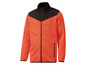 Eine orangefarbene Fleecejacke mit schwarzen Details.