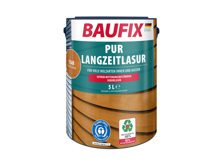 Ein Baufix Pur Langzeitlasur Holzlasur-Eimer in Teakfarbe.