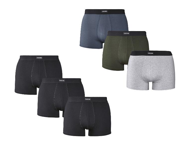 Set aus sechs Herren-Boxershorts in Schwarz, Grau, Blau und Olivgrün.