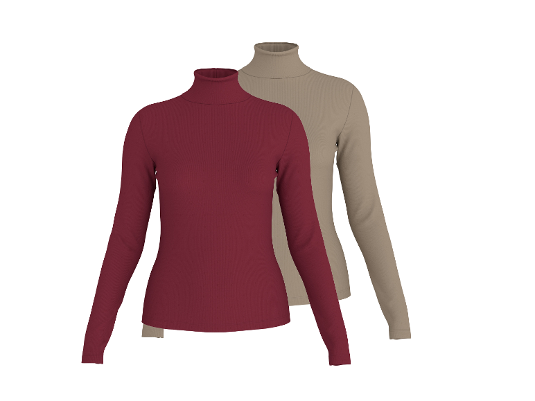 Zwei Damen-Rollkragenpullover mit langen Ärmeln, einer bordeauxrot und einer beige, auf weißem Hintergrund.