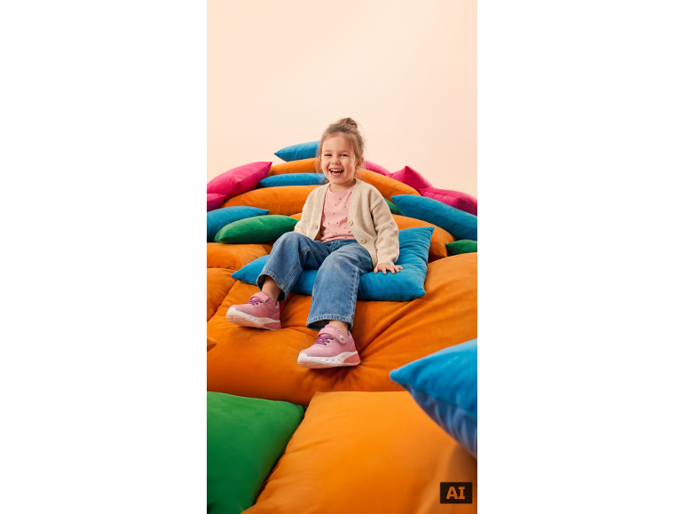 Lächelndes Mädchen in Jeans und rosa Turnschuhen sitzt auf bunten Kissen.