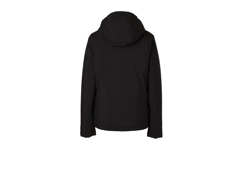 Schwarze Winterjacke mit Kapuze, Rückansicht.