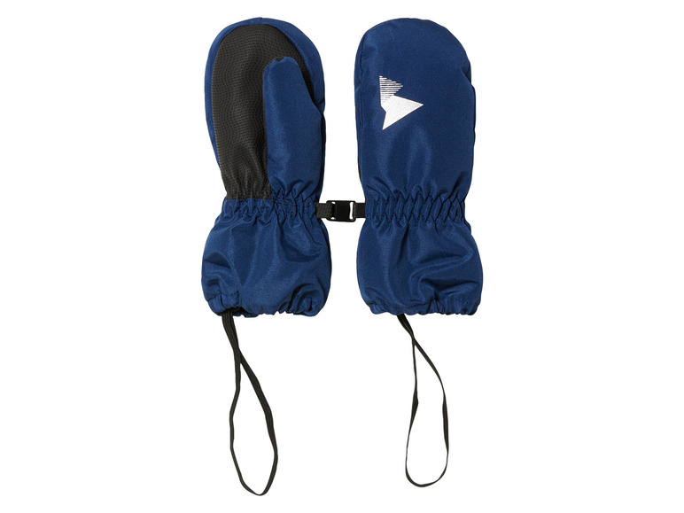 Ein Paar blaue Fäustlinge mit einem reflektierenden Dreieck auf dem Daumen.