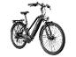 Schwarzes E-Citybike mit tiefem Einstieg und Gepäckträger