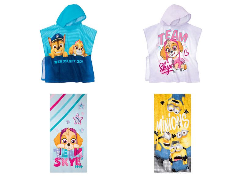 Badeponchos mit Paw Patrol und Handtücher mit Minions.