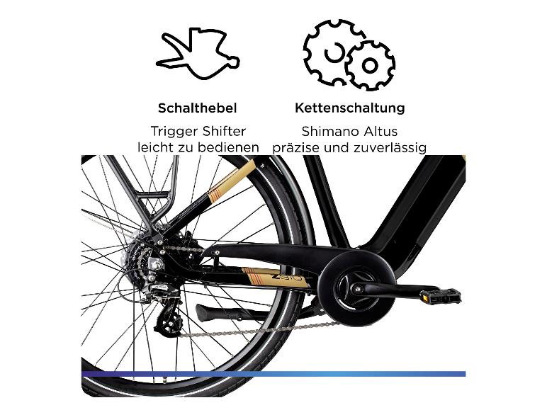 Detail von Fahrrad-Schaltwerk und Kurbelgarnitur, mit Informationen zu Schalthebel und Kettenschaltung.