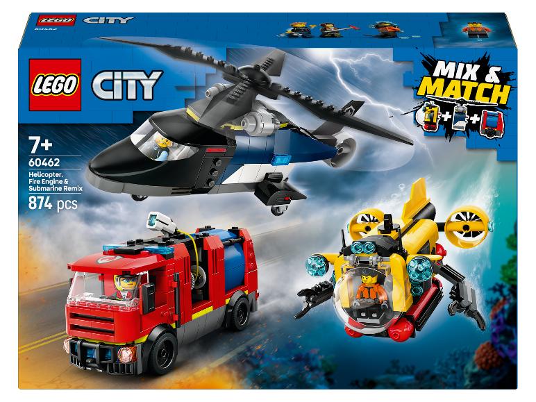 LEGO City Set mit Helikopter, Feuerwehrauto und U-Boot, 874 Teile.