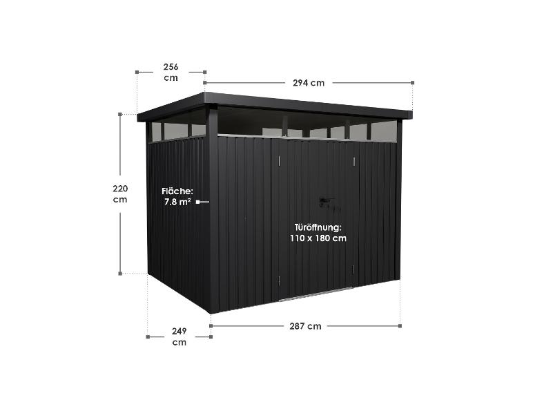 Schwarzes Gartenhaus mit Maßen: 294x256x220 cm, 7.8 m² Fläche, Tür 110x180 cm.