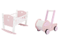 LUPILU® Holz Babypuppenmöbel: rosa-weiße Wiege und Puppenwagen.
