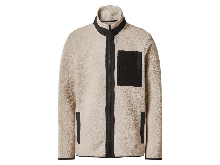 Beige Fleecejacke mit schwarzem Reißverschluss und Taschen