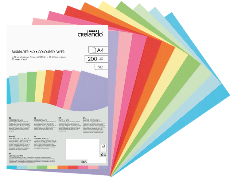 Ein Stapel von 200 A4-Blättern farbigem Papier in 10 verschiedenen Farben, 80 g/m².