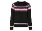 Schwarzer Pullover mit skandinavischem Muster in Rosa und Weiß.