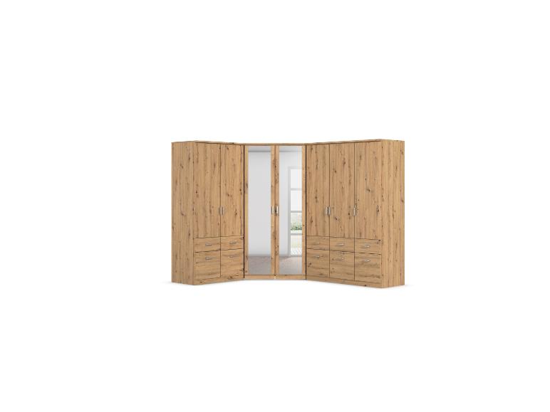 Hölzerner Eckkleiderschrank mit Spiegel und Schubladen.
