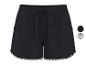 Schwarze Damenshorts mit dekorativem Saum und Kordelzug in der Taille.