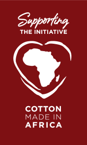 Siegel mit Text: Supporting the Initiative, Cotton Made in Africa, Karte von Afrika in einem Herz.