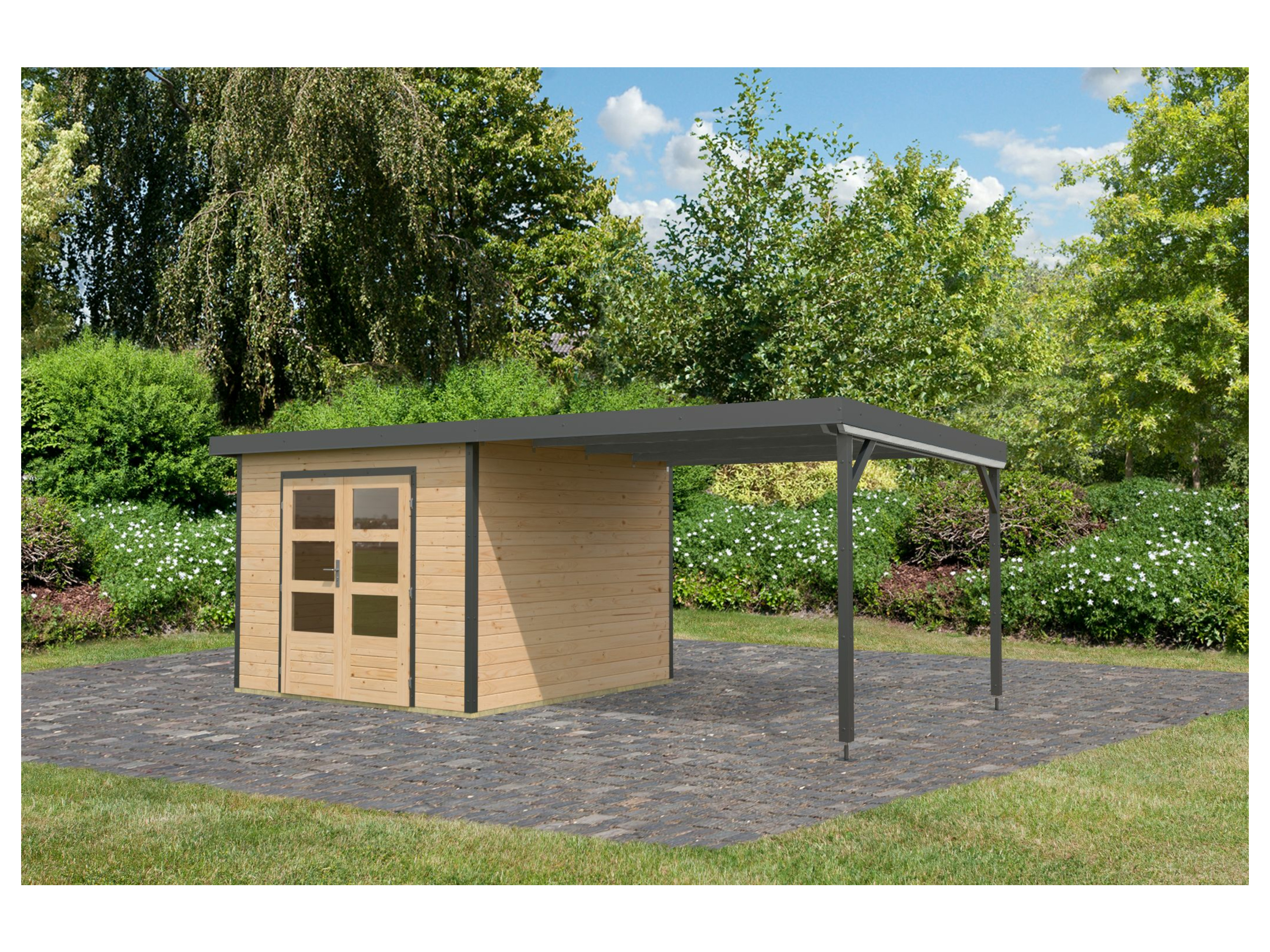 KARIBU Gartenhaus Premium Hybrido (mit Anbaudach, Natur/Anthrazit) – Bild 4 von 4