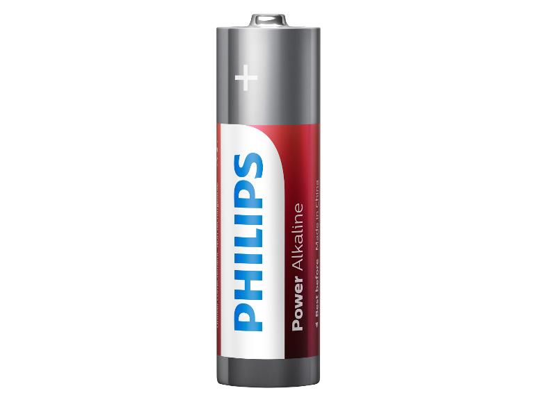 Eine Philips Power Alkaline Batterie, grau und rot, mit einem sichtbaren Pluszeichen.