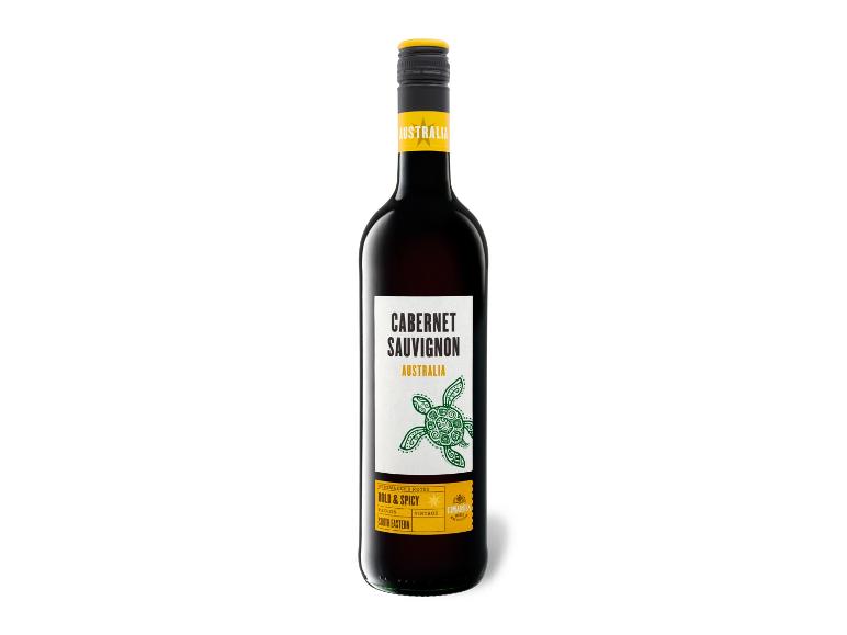 Eine Flasche Cabernet Sauvignon Rotwein aus Australien, mit einem weißen und gelben Etikett.
