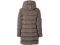 Rückenansicht einer braunen, gesteppten Longline-Pufferjacke mit Kapuze