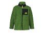 Grüne Kinder-Fleecejacke mit schwarzem Reißverschluss und Brusttasche mit Bärenmotiv.