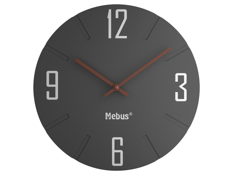 Eine schwarze Mebus Wanduhr mit römischen Ziffern.