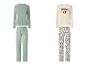 Zwei Pyjama-Sets: eines mintgrün mit Blattmuster und eines cremefarben mit „WOKE UP gorgeous“-Schriftzug und Punkten.
