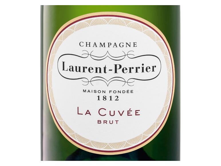 Champagnerflaschenetikett mit dem Text „Laurent-Perrier La Cuvée Brut“ und „Maison Fondée 1812“
