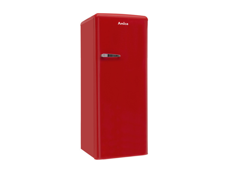 Ein roter Amica Kühlschrank im Vintage-Stil.