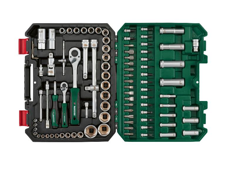 Parkside Steckschlüssel- und Bit-Set in geöffnetem Koffer.