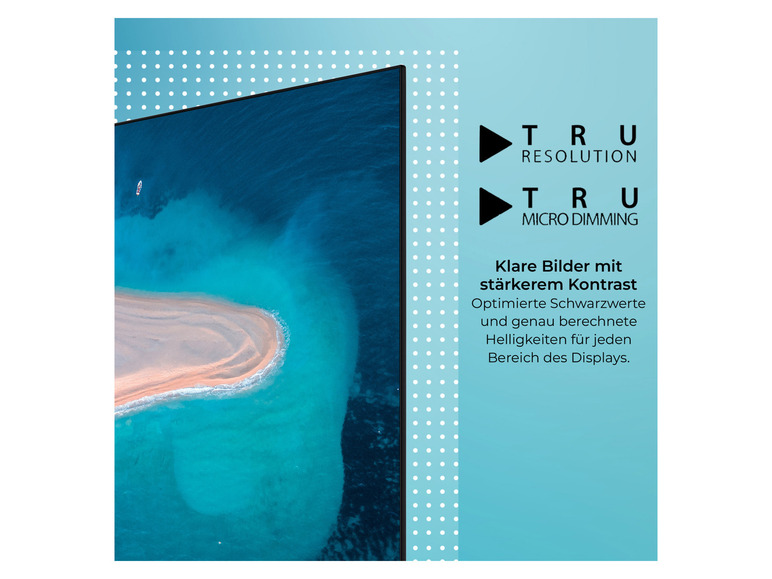 Ein Fernseher mit einem Bild der Küste und Werbung für True Resolution und Micro Dimming.