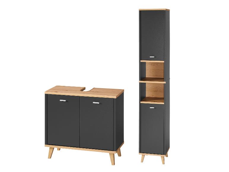 Dunkelgraues Badmöbel-Set mit hellen Holzdetails, bestehend aus Waschbeckenunterschrank und Hochschrank.