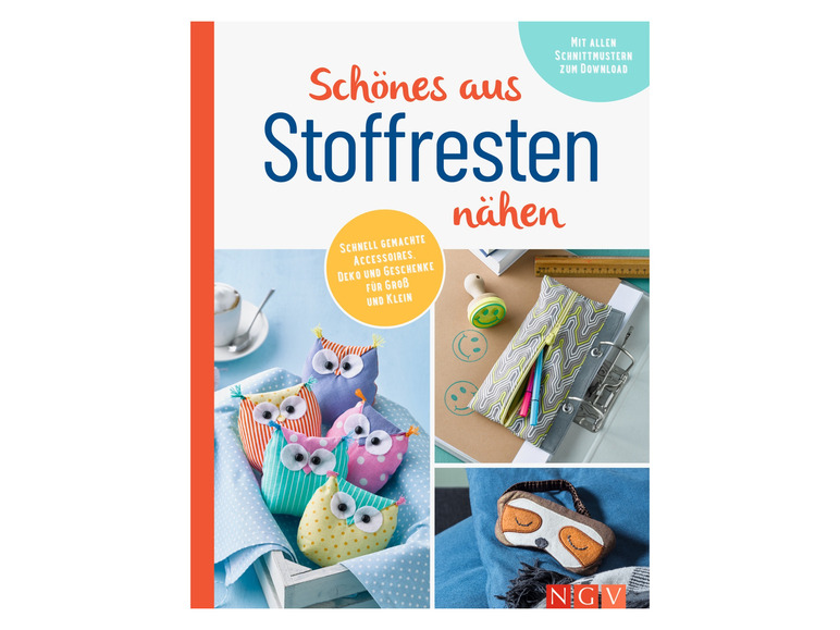 Ein Buch mit Schnittmustern für süße Eulen, eine Stiftebox und eine Schlafmaske.