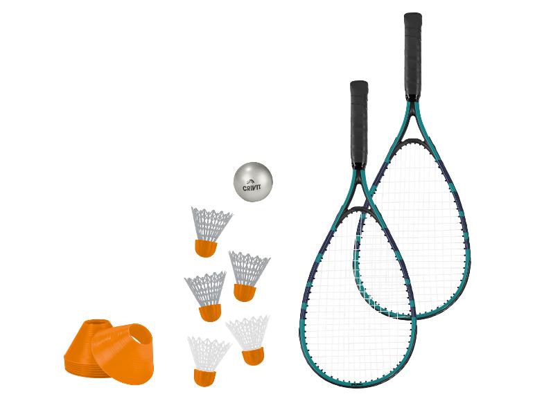 Zwei Crivit Schläger, Federbälle und Hütchen für Racketsport.