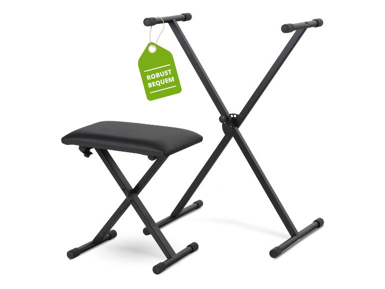 Schwarze Klavierbank und Keyboardständer mit grünem Preisschild.