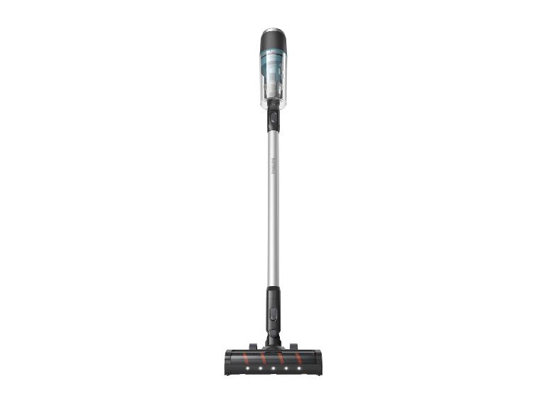 Grauer und schwarzer kabelloser Stielstaubsauger mit motorisierter Bürste und LED-Lichtern.