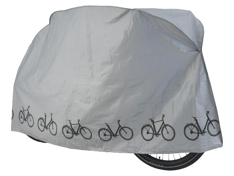 Eine graue Fahrradabdeckung mit Fahrradmotiven ist abgebildet.
