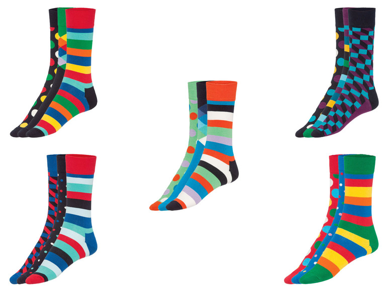 Sechs Paar Happy Socks mit verschiedenen bunten Mustern.
