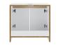Weißer Badezimmerschrank mit offenen Türen, der das Spanplatten-Interieur zeigt.