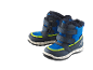 Ein Paar blau-graue Kinder-Winterstiefel mit neongelben Akzenten und dem Schriftzug „WATERPROOF“.