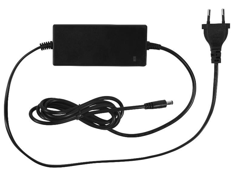 Schwarzes Netzteil mit zweipoligem Eurostecker und Hohlstecker