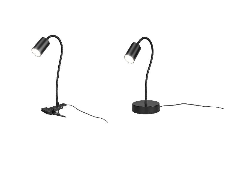 Zwei schwarze LED-Lampen mit flexiblem Arm, eine mit Klemme, die andere mit rundem Sockel.