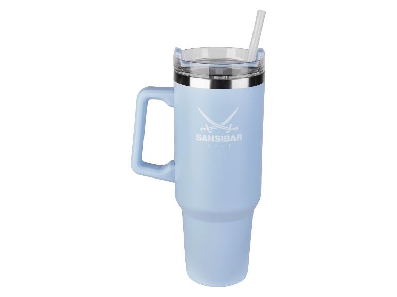 Blaue SANSIBAR Sylt Thermo-Trinkbecher mit Strohhalm.