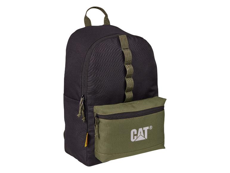 Schwarzer Rucksack mit grüner Vordertasche und weißem Logo