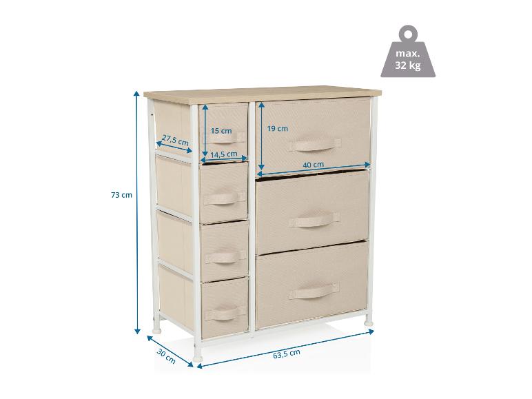 Kommode mit 8 Stoffschubladen in Beige, Maße 73x63,5x30 cm, mit max. 32 kg Traglast.