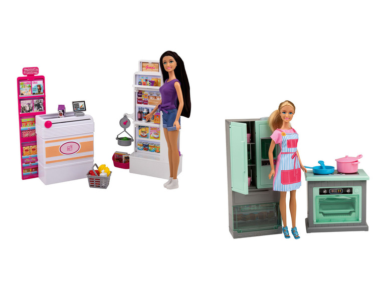 Barbie Puppen mit Supermarkt und Küchenspielzeug.